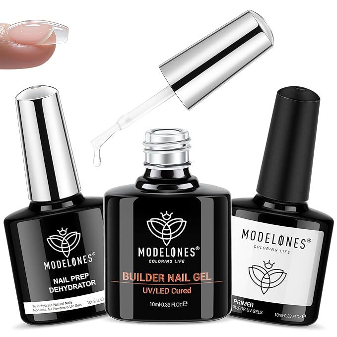 modelones Nail Dehydrator and Primer & Builder Nail Gel, 3Pcs Prep Dehydrate & Bond Primer Clear Gel Builder Polish Base Coat for Strengthener Apex Building, LED Lamp Cured 10ml Home DIY Salon-BrightBean Baby