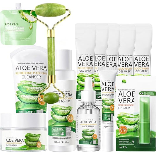13Pcs Skin Care Products Set, Aloe Vera Skin Care Sets, Skin Care Gift Set for Women Girls, Skincare Routine Set, Face Care Kit for Dry Skin, Hydrating Moisturizer, Cleanser, Face Massage Roller-BrightBean Baby