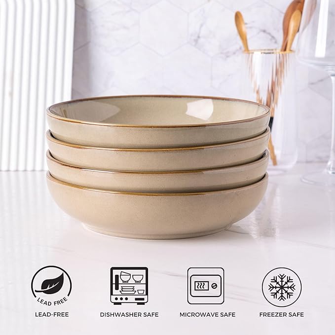 AmorArc 8.5'' Large Pasta Bowls, 36oz Ceramic Pasta Serving Bowls Set of 4 for Kitchen, Wide Bowls for Pasta,Salad,Oatmeal, Microwave Safe, Reactive Glaze-Latte