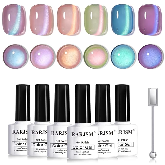 RARJSM Aurora Mermaid Cat Eye Gel Nail Polish Set 6pcs Reflective Pink Purple Green Blue Diamond Ceramic Glitter Glass Cateye Gelpolish with Magnet Stick 7.5ml Curing Requires Soak Off for Home Salon-BrightBean Baby