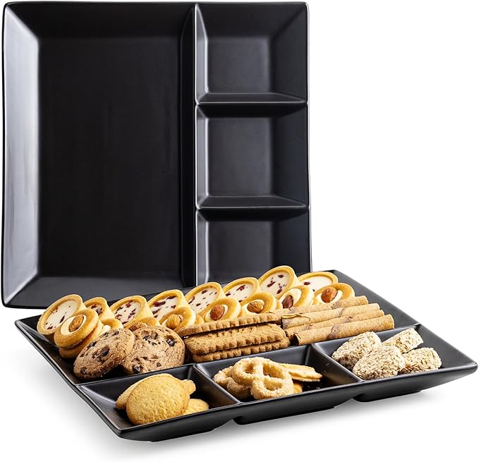 LAUCHUH Divided Serving Platters, 11 x 11 inch Porcelain Chip & Dip Serving Set Dinner Serving Tray 4 -Compartment Serving Dishes for Thanksgiving, Candy, Nuts,Veggies, Snacks and Sauce, Black