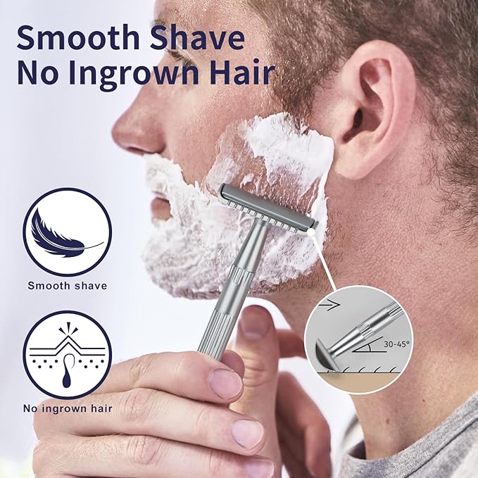 Matte Silver Double Edge Safety Razor, Single Blade Razors for Men and Women, with 10 Stainless Steel Safety Razor Blades, Reusable, Smooth and Close Wet Shaving Kit, Plastic Free-BrightBean Baby