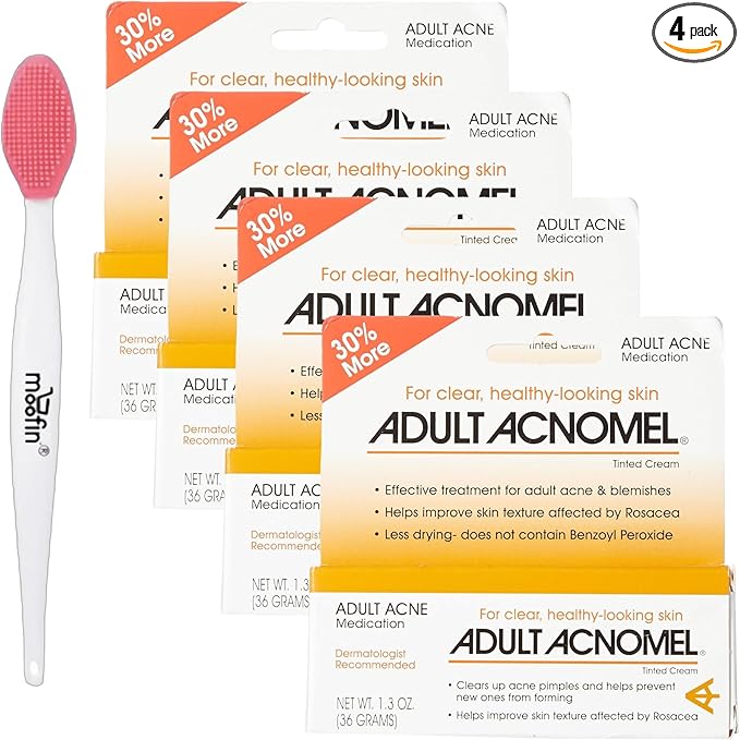Adult Acnomel Acne Medication Tinted Cream 13 Oz - Acne Spot Treatment Cream Anti Pimple Cream for Men and Women, Clears Breakouts, Soothes Sensitive Skin Nose Cleaning Brush [Pack of 4-BrightBean Baby