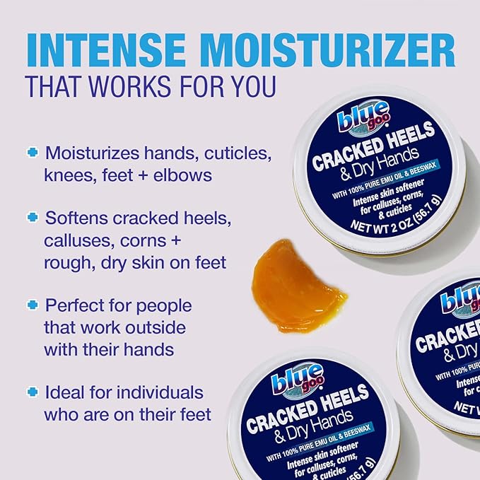 Blue Goo Cracked Heels & Dry Hands Intense Skin Softener - for Calluses, Corns & Elbow Dryness Relief, Fast- Penetrating Hydrating Moisturizer, Made w/ 100% Pure Emu Oil & Beeswax, 2 oz (3 Pack)-BrightBean Baby