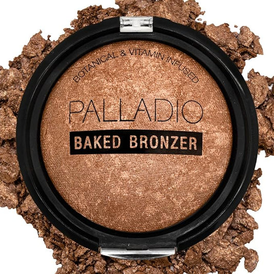 Palladio Baked Bronzer, Highly Pigmented and Easy to Blend, Shimmery Bronzed Glow, Use Dry or Wet, Lasts all day long, Provides Rich Tanning Color Finish, Powder Compact, Illuminating Tan-BrightBean Baby