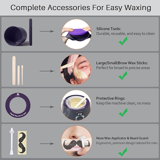 BLITZWAX Back and Nose Waxing Kit for Men, Hard Wax Warmer for Brazilian, Body and Face, At Home Hair Removal Kit, Beginner Friendly, Quick Heating, 93 Accessories, Charcoal Grey-BrightBean Baby