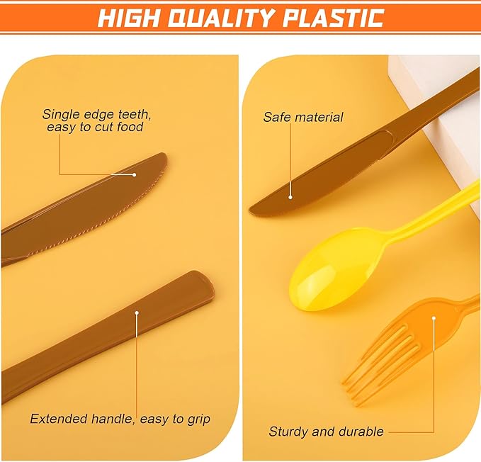 300 Pieces Thanksgiving Plastic Silverware Fall Heavy Duty Utensils Set Heavyweight Disposable Flatware Includes Orange Yellow Brown Spoons Forks Knives for Thanksgiving Dinner Party Supplies