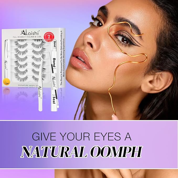 Wispy False Eyelashes Kit With Bond, Seal and Tweezer, 7 Pairs Natural Look Fake Cat Eye Lashes Strips Thin Band Extensions Waterproof Easy Eyelashes for Beginners DF1-BrightBean Baby