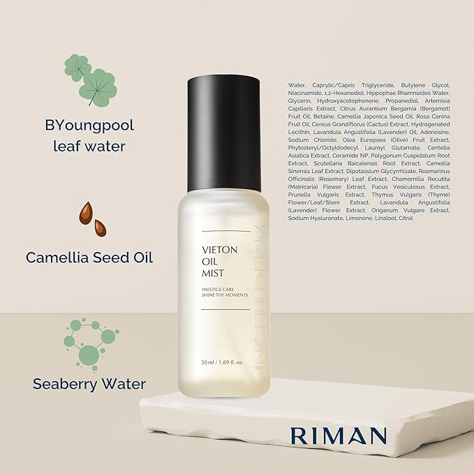INCELLDERM Riman Vieton Oil Mist | 50ml | Bi-Phasic Hydration with Camellia Seed Oil & Seaberry Water | Korean Skincare Mist for Moisture, Balance & Radiance | Natural Facial Spritz Moisturizer-BrightBean Baby