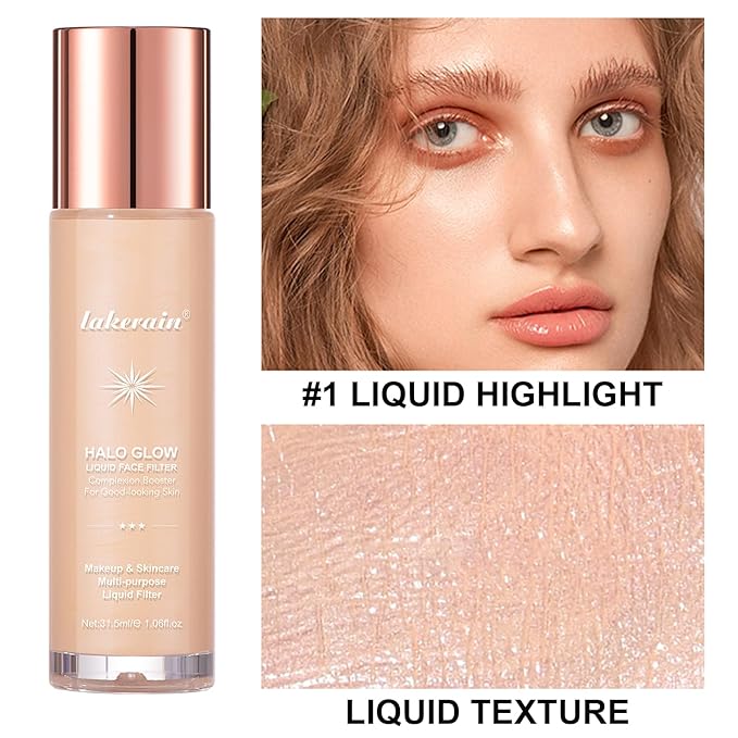 Natural Glow Liquid Filter Makeup, Longwear Face Luminizer, Complexion Booster For Any Part of the Body, Liquid Highlighter with Brush Kit, Infused Hyaluronic Acid, 1.06 fl oz (#01 FAIR)-BrightBean Baby