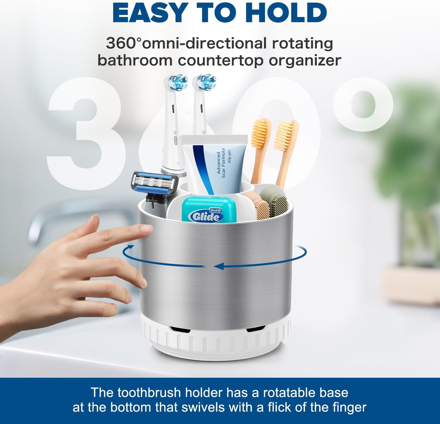 Silver Toothbrush Holders for Bathrooms Countertop Organizer - Kids Electric Toothbrush and Toothpaste Holder Rotating Tooth Brush Organization Bathroom Sink Accessories Storage Caddy-BrightBean Baby