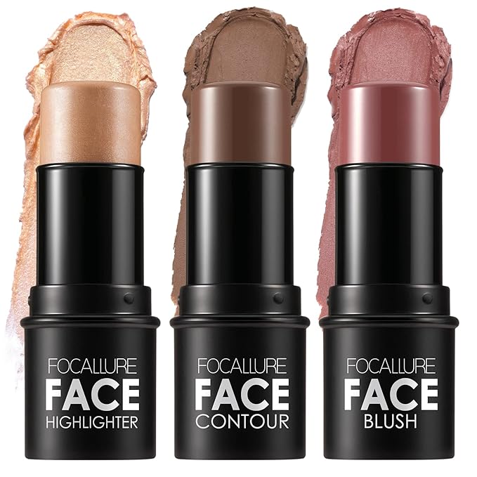 FOCALLURE 3 Pcs Cream Contour Sticks,Shades with Highlighter & Bronzer & Blush,Non-greasy Long-wear Face Contouring Pen,Easy to Sculpt the Face and Create a Lightweight Finishing Makeup,DEEP-BrightBean Baby