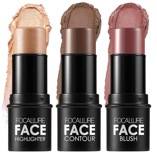 FOCALLURE 3 Pcs Cream Contour Sticks,Shades with Highlighter & Bronzer & Blush,Non-greasy Long-wear Face Contouring Pen,Easy to Sculpt the Face and Create a Lightweight Finishing Makeup,DEEP-BrightBean Baby