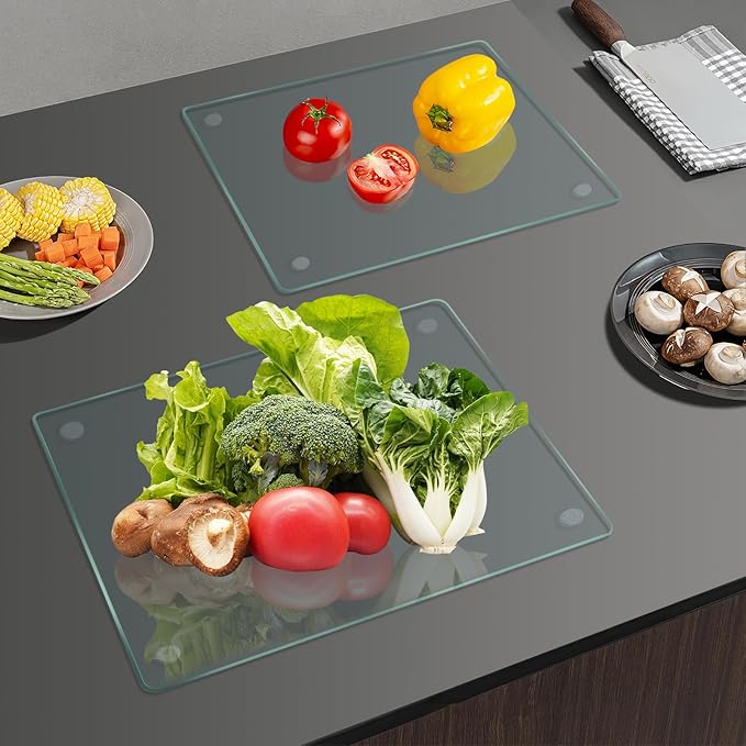Tempered Glass Cutting Board for Kitchen, Clear Glass Board for Countertop, with Non-Slip Feet, Heat Resistant, Large Size 12x16" 2Pcs, Small Size 12x8" 2Pcs