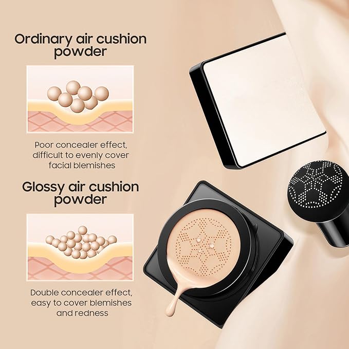 Air Cushion CC Cream Mushroom Head - Moisturizing & Oil Control Screw Lid Concealer Makeup Base, Primer Liquid Foundation Long Lasting with Mushroom Makeup Sponges for All Skin Types (Natural)-BrightBean Baby