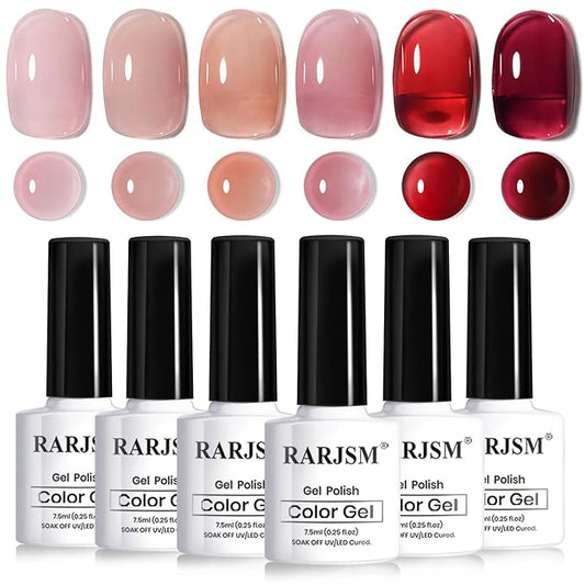 RARJSM Nude Jelly Gel Nail Polish Set 6pcs Clear Crytal Glass Pale Gray Pink Cherry Red Series Transparent Sheer Amber Milky Gel Varnish LED UV Curing Requires Soak off French Manicure Home Salon-BrightBean Baby