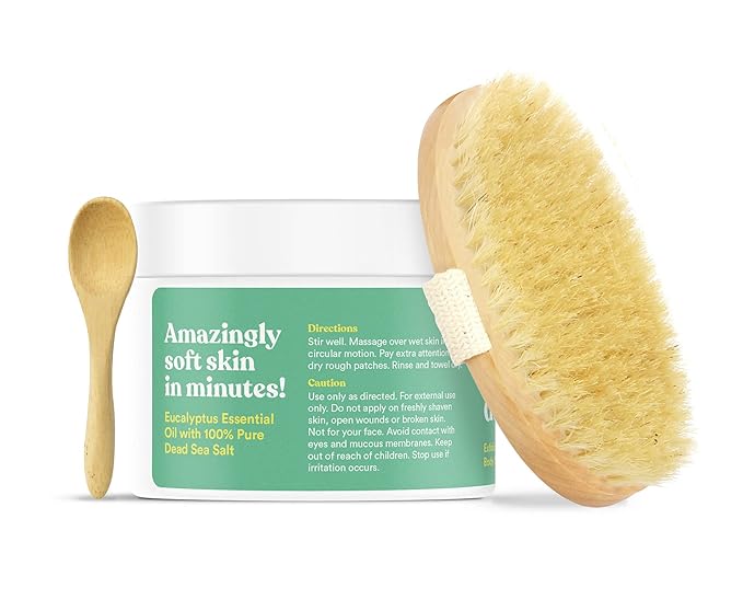 ASUTRA Dead Sea Salt Essential Oil Body Scrub Exfoliator and Dry Brush Bundle (Invigorating Eucalyptus), 16 oz - Ultra Hydrating, Gentle, & Moisturizing - Coconut, Eucalyptus, and Marjoram Oils-BrightBean Baby