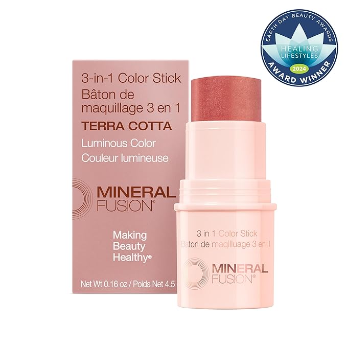 Mineral Fusion 3-in-1 Color Stick, Instant Color Pop and Blush for Cheeks, Creamy Lightweight Formula, Multi-Use Eye, Face, and Lip Makeup, Terra Cotta-BrightBean Baby