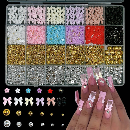 3D Bow Nail Charms Kit, Colorful Resin Flower Bowknot Nail Art, Mix Gold Silver Flatback Beads Charms for Manicure DIY Crafts Jewelry Accessories-BrightBean Baby