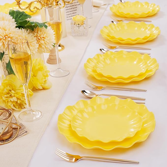 LIYH 24 Pcs Yellow Plastic Plates Reusable, Unbreakable Dinner Plates, Salad Plate, Microwave & Dishwasher Safe, Plate Sets Perfect for Parties,Birthday,Picnics (12guests)