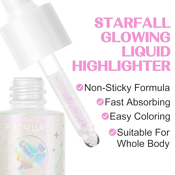 FOCALLURE Starfall Glowing Liquid Highlighter, Shimmering Body Oil, Non-Sticky Shimmer Liquid Luminizer, Non-Greasy, Face & Body Glitter Makeup for Costumes, Cosplay, Rave Festival, MADAMA BUTTERFLY-BrightBean Baby