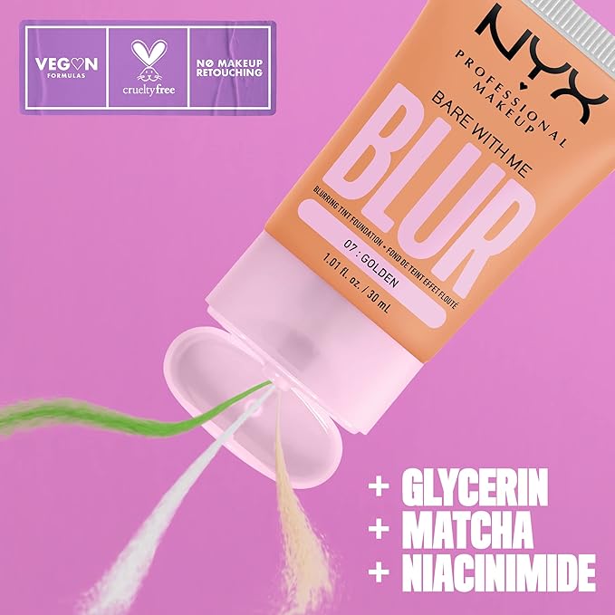 NYX PROFESSIONAL MAKEUP Bare With Me Blur Skin Tint Foundation Make Up with Matcha, Glycerin & Niacinamide - Golden-BrightBean Baby