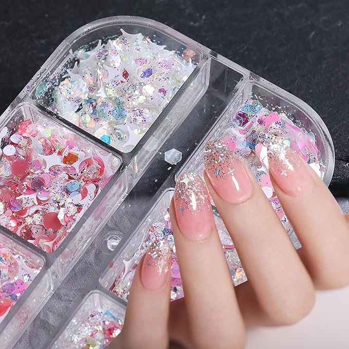 12 Grids Star Nail Art Glitter Sequins Heart Shaped Mermaid Nail Sequins Holographic Mermaid Nail Flakes Sticker Sequin Heart Nail Art Glitter for Women DIY Acrylic Nail Decoration-BrightBean Baby