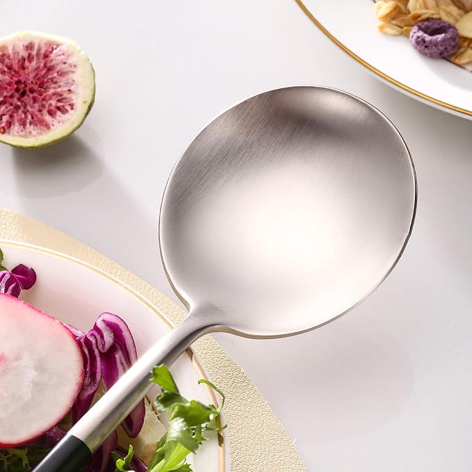 Lemeya Silver Black Salad Serving Utensils,Serving Spoons Stainless Steel,2Pcs Long Handle Salad Servers 11.42 Inch,Salad Utensils for Serving,Matte Finish,Dishwasher Safe