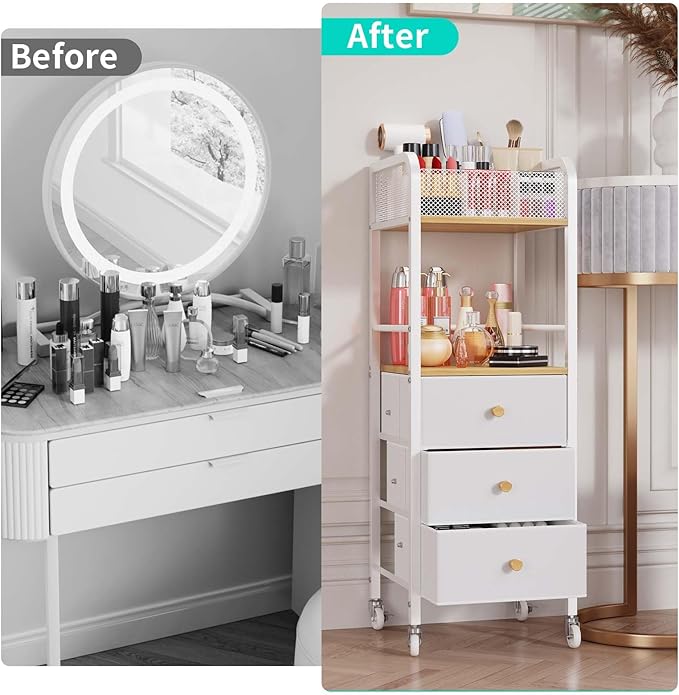 HapiRm Rolling Makeup Cart Organizer - Floor Skincare Make Up Storage with 3 Drawers, Vanity Organizer Cosmetic Display Cases Holder for Skin Care Perfume Nail Polish Brush Hair Tool-BrightBean Baby