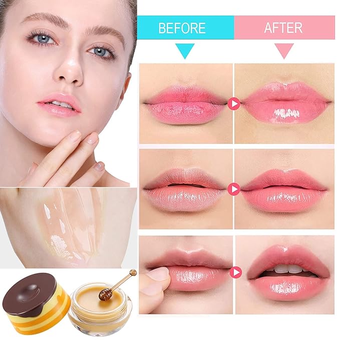 2Pcs Bee Lip Balm Honey Pot, Honey & Strawberry Lip Balm Moisturizing Lip Sleep Mask with Stick Hydrating & Prevention Dry and Cracked Lip Scrubs Exfoliator, Reduces Lip Lines-BrightBean Baby