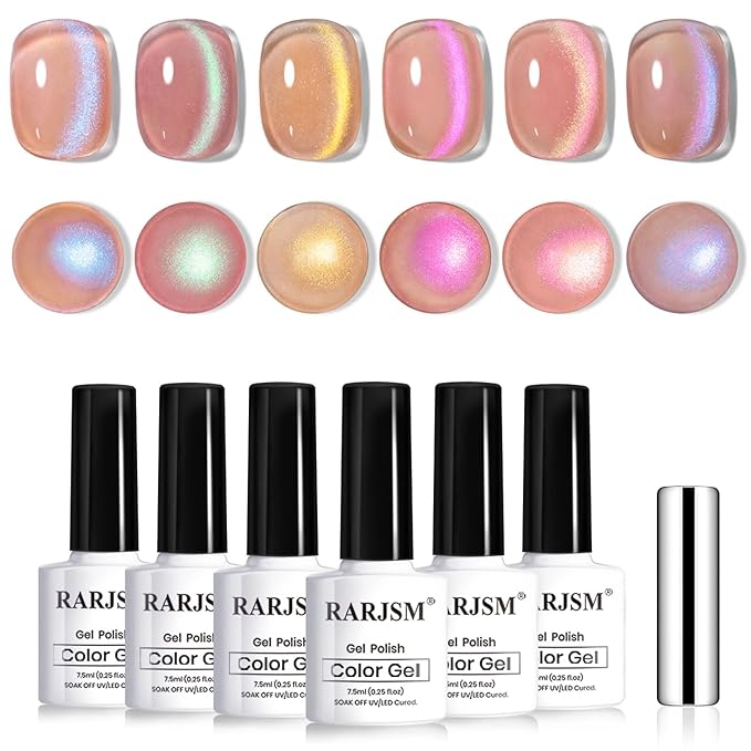 RARJSM Aurora Glitter Cat Eye Gel Nail Polish Set 6Pcs Nude Pink Light Purple Gold Brown Green Blue Galaxy Mermaid Glitter Cateye Gel Polish with Magnetic Stick UV LED Curing Require Home Salon-BrightBean Baby