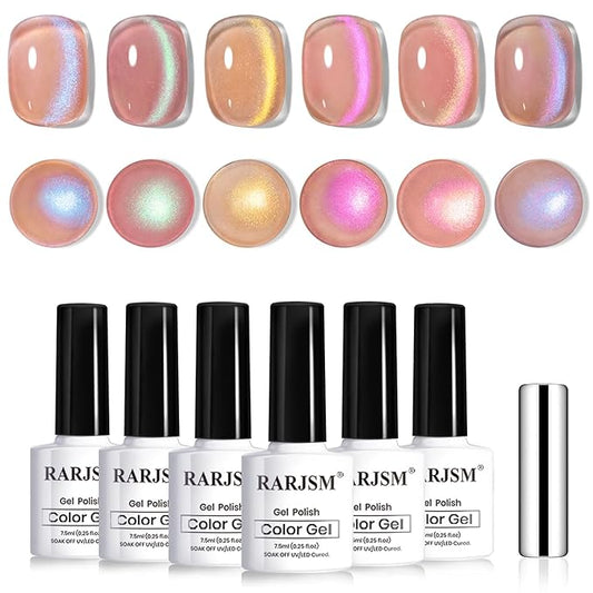 RARJSM Aurora Glitter Cat Eye Gel Nail Polish Set 6Pcs Nude Pink Light Purple Gold Brown Green Blue Galaxy Mermaid Glitter Cateye Gel Polish with Magnetic Stick UV LED Curing Require Home Salon-BrightBean Baby