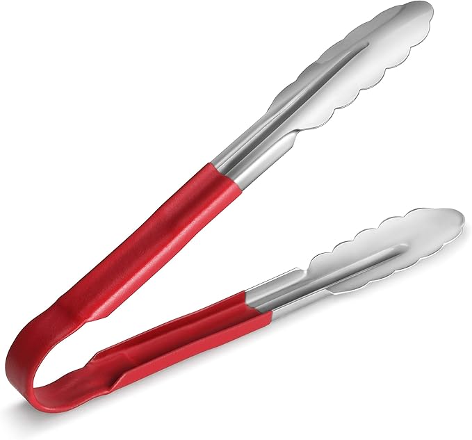 New Star Foodservice 35872 9-Inch Utility Spring Tongs, Stainless Steel, Vinyl Coated, Set of 12, Red
