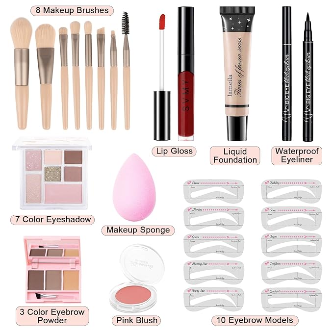 Makeup Kit for Teens Girls, Makeup Present Set for Women, Makeup Full Kit for Beginners, Mini Makeup Bundle Include 7 Pink colors Matte & Shimmer Pigmented Eyeshadow Palette, Eyebrow Powder-BrightBean Baby