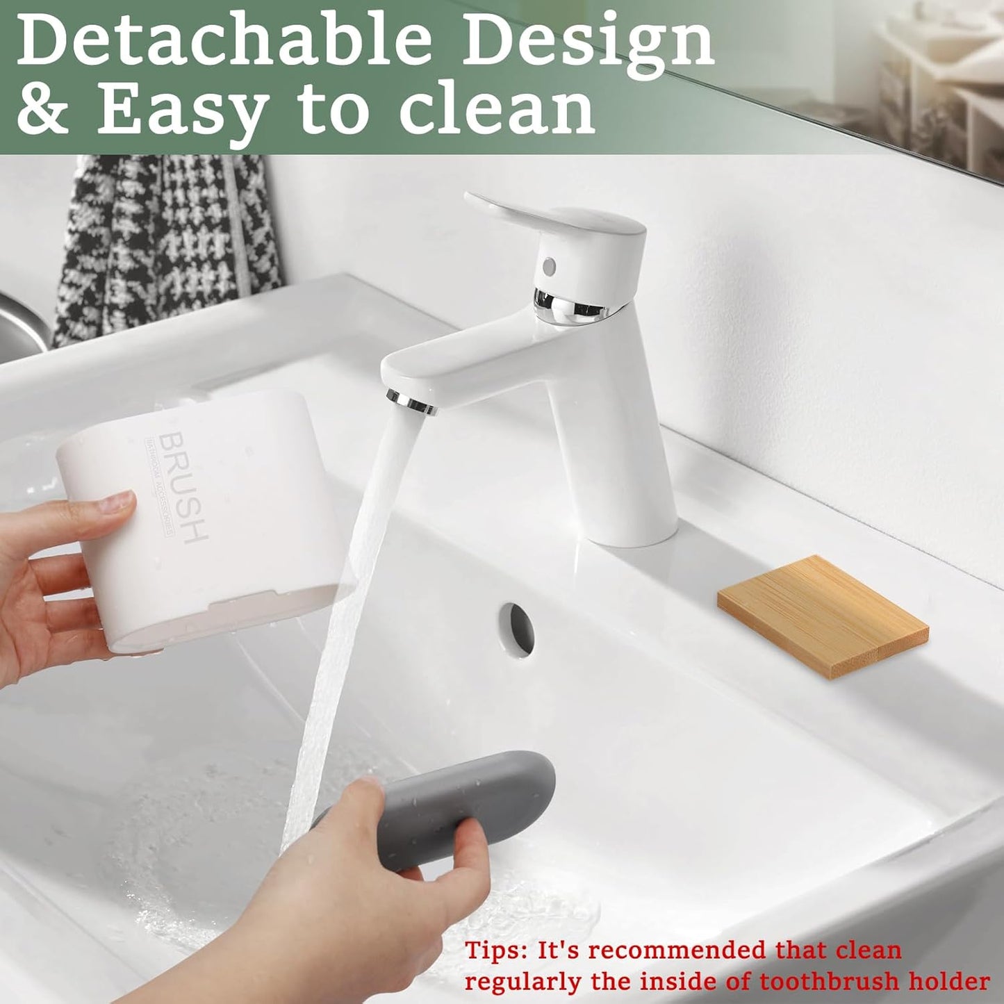 Toothbrush and Toothpaste Holder with Bamboo Divider for Bathroom Countertop Organizer, Detachable for Easy Clean, 2 Slots Electric Toothbrush Holders Storage Caddy Drainage for Family-White-BrightBean Baby