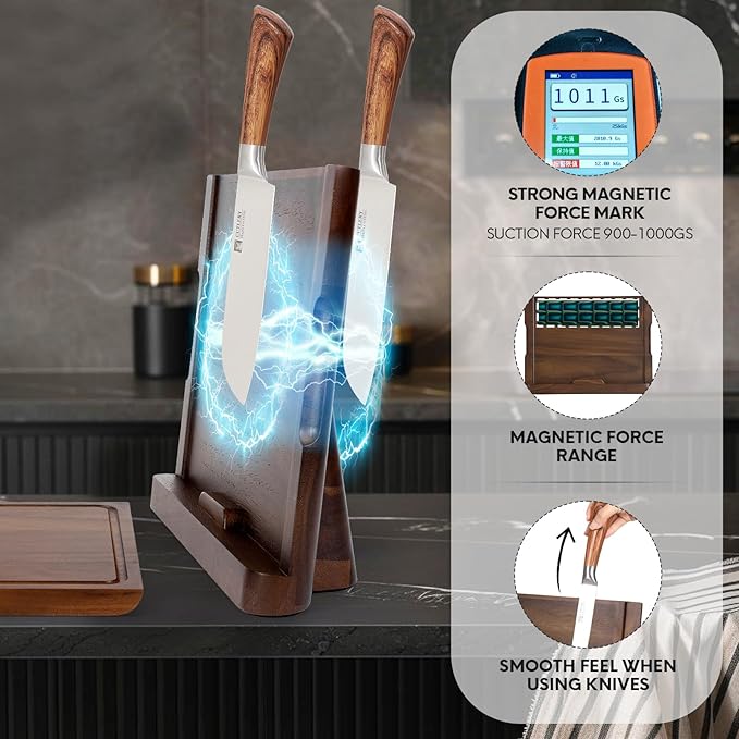 2-in-1 Wood Cutting Board with Magnetic Knife Holder - 16 x 11 Inch Rain Wood, Juice Grooves, Kitchen Organizer for Home Chefs