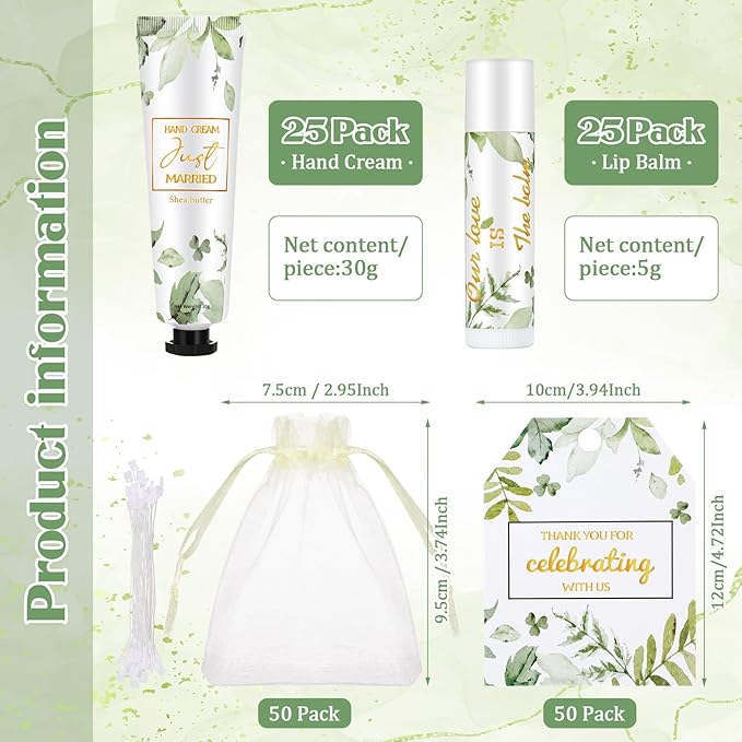 25 Set Wedding Lip Balms and Hand Cream Gift Set Include 25 Moisturizing Hand Care Cream 25 Lip Balms with Thank You Cards and Bags Bridesmaid Gift Set for Bridal Shower Wedding(Greenery)-BrightBean Baby