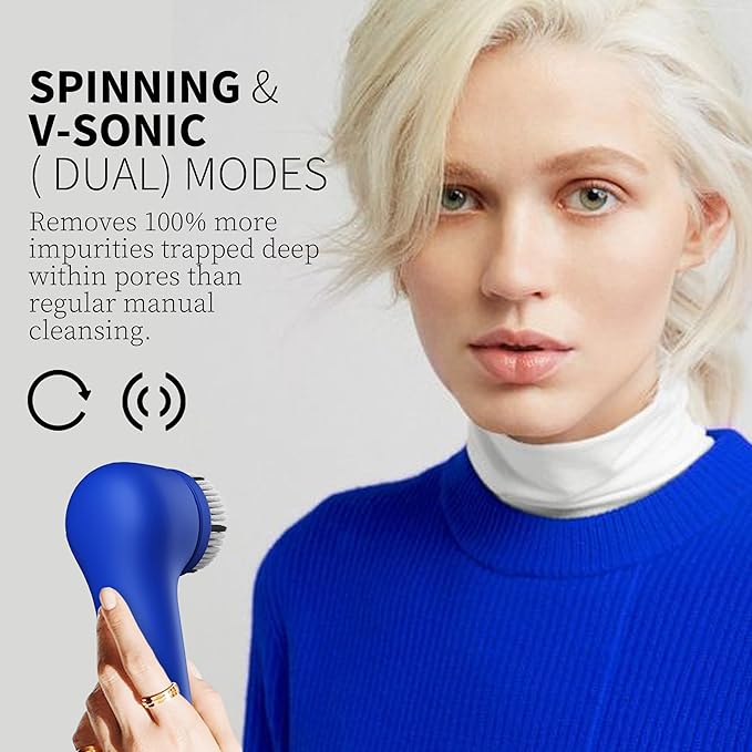 Premium Face Scrubber, Deep Pore Cleansing Brush, Waterproof & Rechargeable Face Scrub Brush for Men& Women, Electric Facial Exfoliator with 3 Brushes, 3 Intensities, 2 Modes with Eye Rollor - Azure-BrightBean Baby
