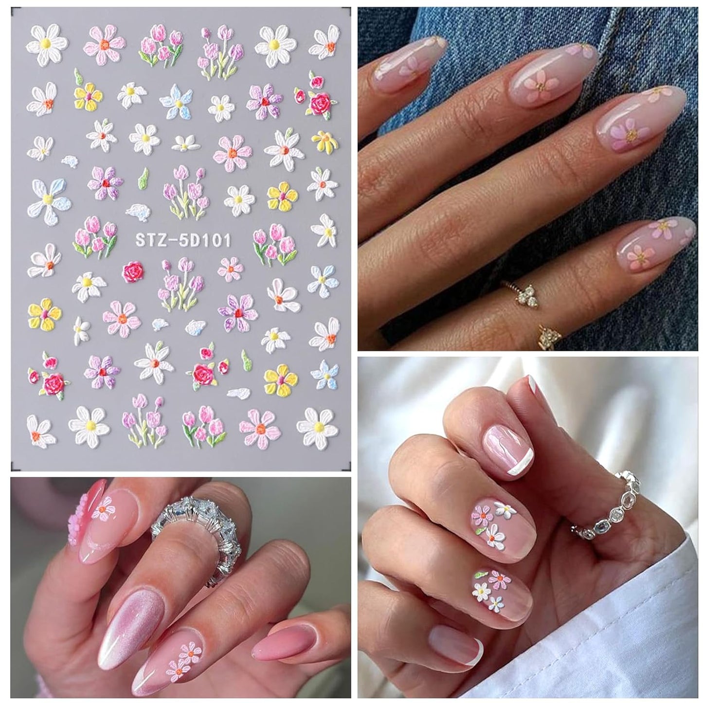 Flower Nail Art Stickers 7 Sheets 5D Nail Decals Spring Summer Nails Art Design 3D Self-Adhesive Supplies White Yellowe Daisy Flower Nails Decoration for Women DIY Design-BrightBean Baby