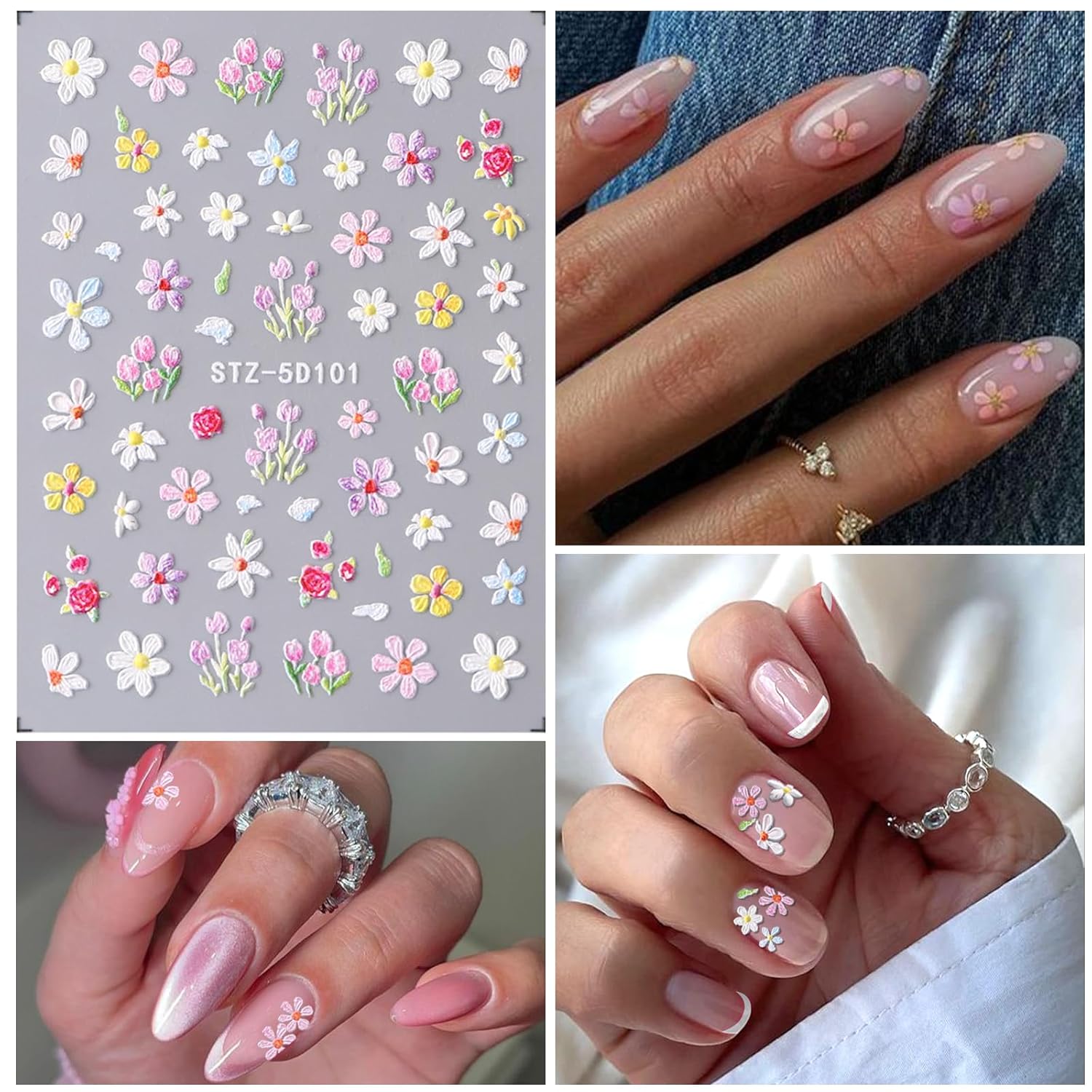Flower Nail Art Stickers 7 Sheets 5D Nail Decals Spring Summer Nails Art Design 3D Self-Adhesive Supplies White Yellowe Daisy Flower Nails Decoration for Women DIY Design-BrightBean Baby