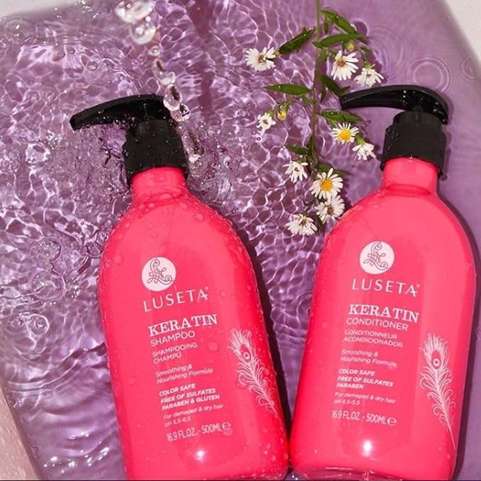 Luseta Keratin Shampoo Full + Travel Size Shampoo + Conditioner Set for Color Treated Damaged & Dry Hair, Keratin Hair Treatment for Smoothing& Nourishing (2x16.9 FL Oz + 2x1.01 FL Oz)-BrightBean Baby