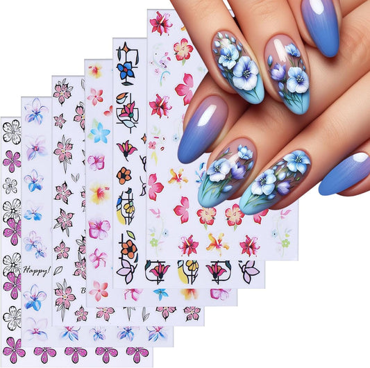 6 Sheets Flower Nail Art Stickers 3D Self-Adhesive Spring Summer Nail Sticker Butterfly Nails Art Decals Holographic Floral Nails Decal Decoration for Women Blossom Manicure DIY Nail Supplies-BrightBean Baby