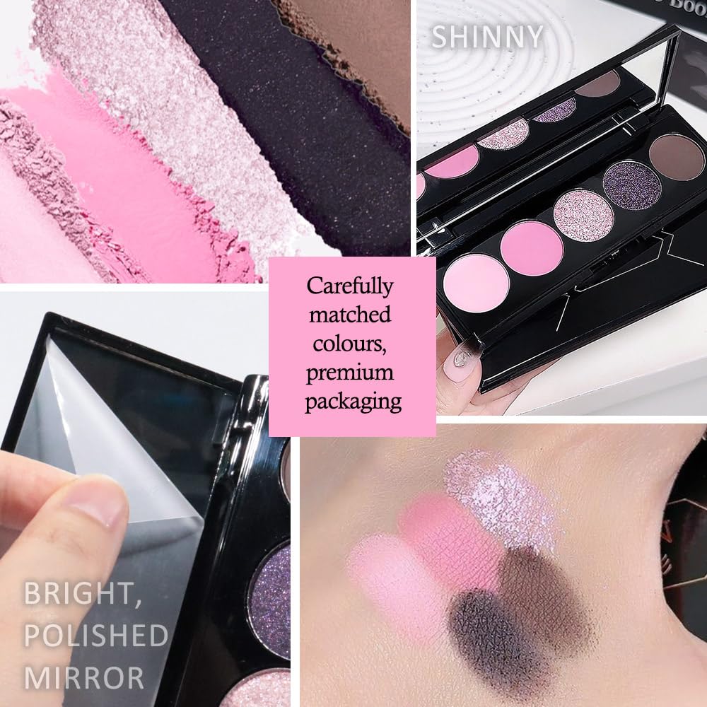 5 Colors Highlight Pink-Purple Eyeshadow Palette with Mirror, Pearl White Silver Brown Nude Rose Gold Glitter Shimmer Palette, Cruelty-Free, Vegan Formula, Matte Eyeshadow for Professional Makeup-BrightBean Baby
