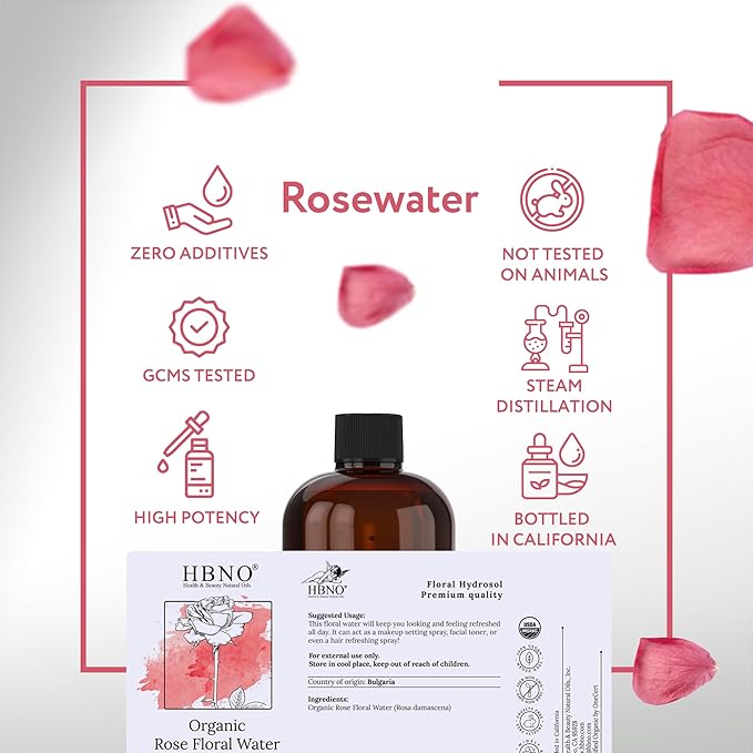 HBNO California Bottled Organic Rose Water for Face Huge 16 fl oz (480ml) Value Size - USDA Certified for Face - Pure Rose Water for Hair - Rosewater for Skincare, Haircare-BrightBean Baby