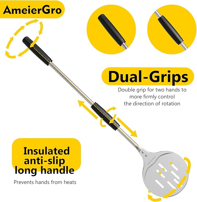 Pizza Peel - Perforated Turner, Adjustable Long Handle, Harden Anodizing, Oven Accessories