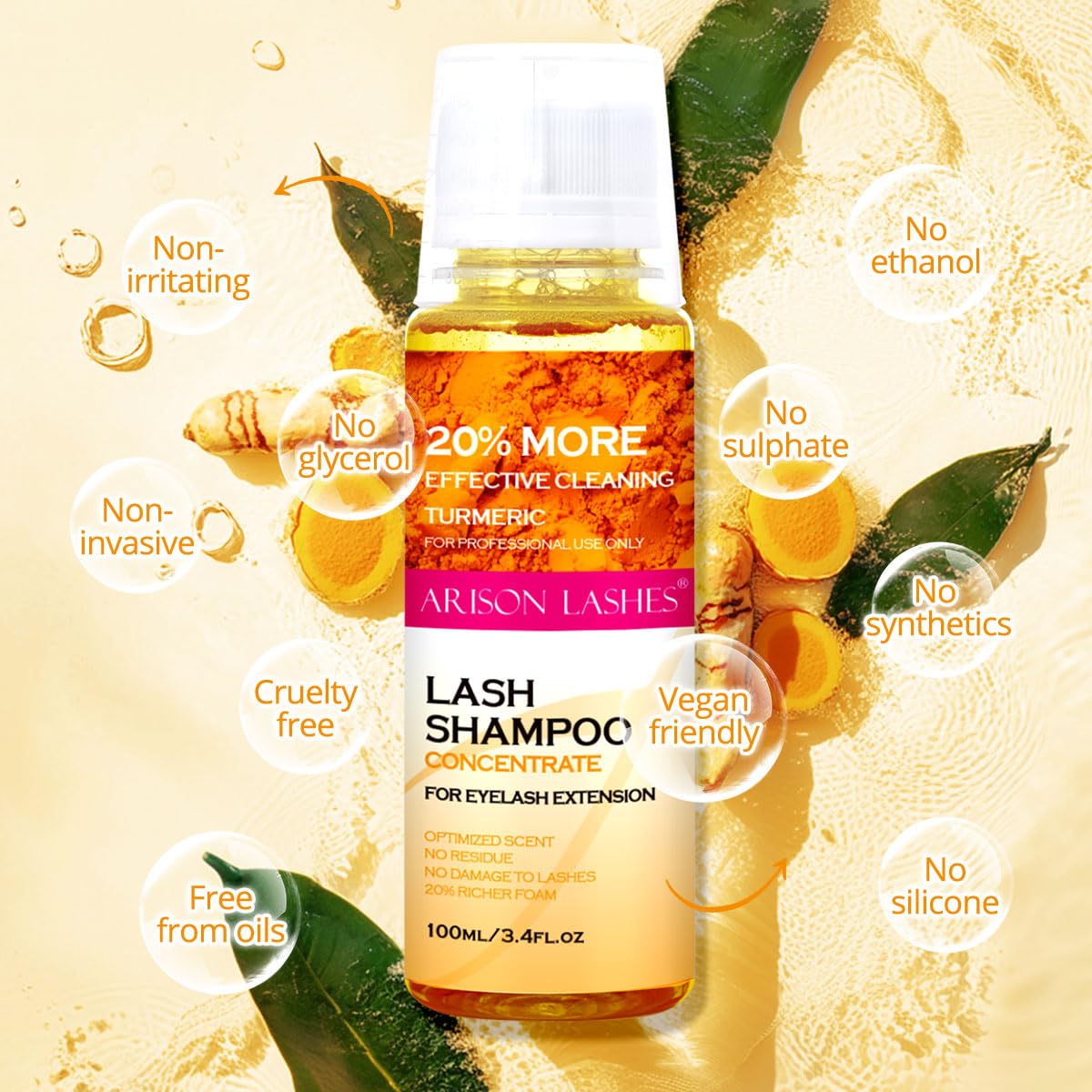 ARISON LASHES Lash Shampoo Concentrate for Lash Extensions 100ML Eyelash Cleanser Concentrate Oil-Free Eyelash Extension Shampoo with Salon Home Care(Turmeric)-BrightBean Baby