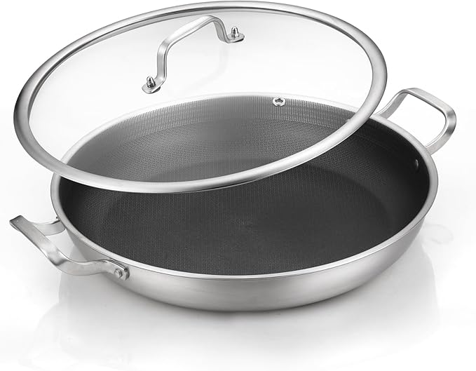 DELARLO 13" Tri-Ply Stainless Steel Nonstick Paella Pan with Lid