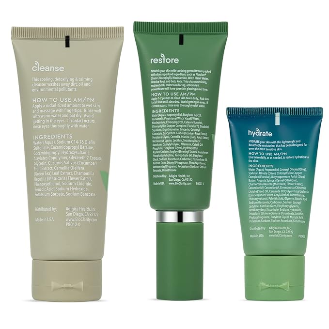 BioClarity 3-Step Essentials Skin Routine for Normal & Oily Skin Types | Cleanse, Restore and Moisturize | Gentle Clean and Hydrate Face | 100% Clean, Vegan Ingredients (Mini Size)-BrightBean Baby