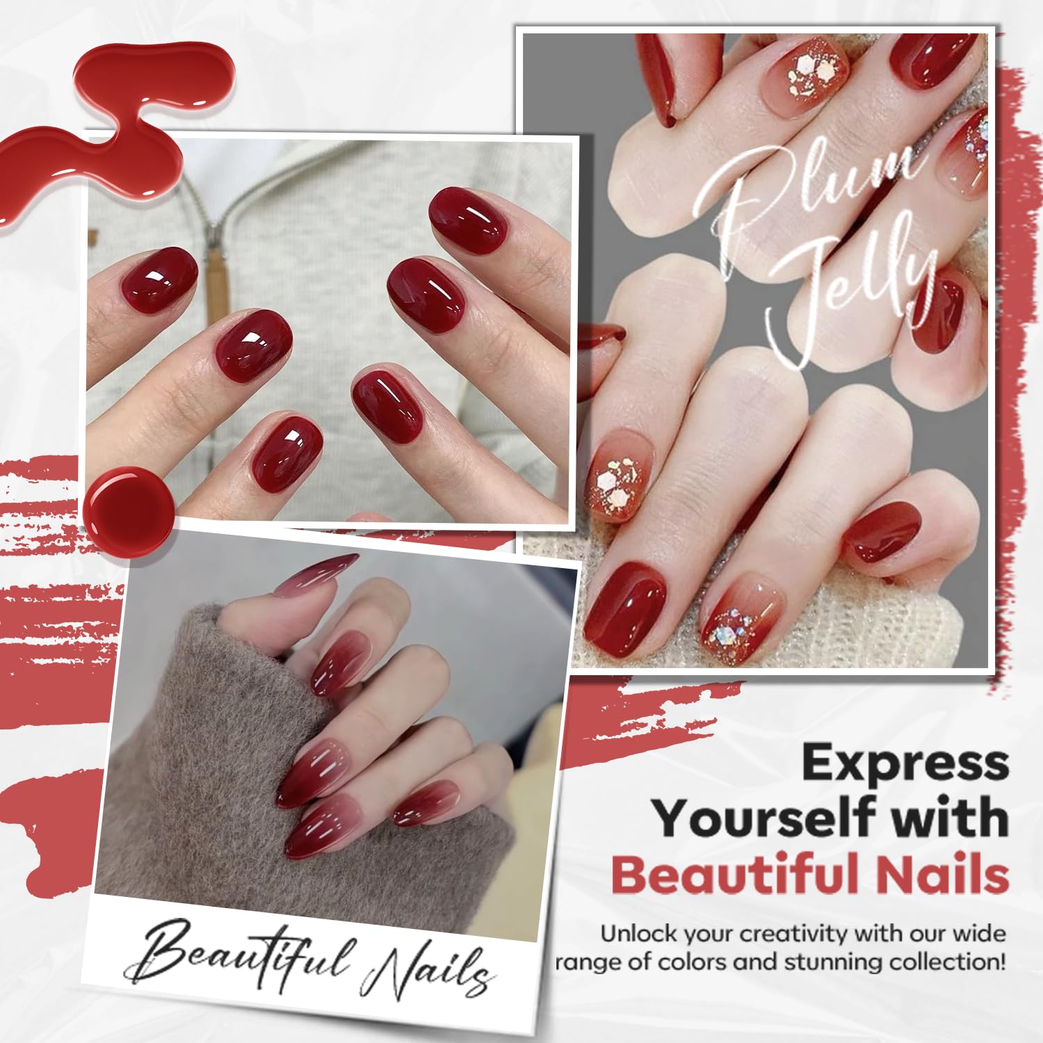 modelones Jelly Red Nail Polish, Sheer Dark Red Clear Translucent Semi-Transparent 15 ml Quick Dry Nail Lacquer Strengthener Long Last Finger Toe Nail Art DIY Manicure Gift for Women Girls 0.5 Fl Oz-BrightBean Baby