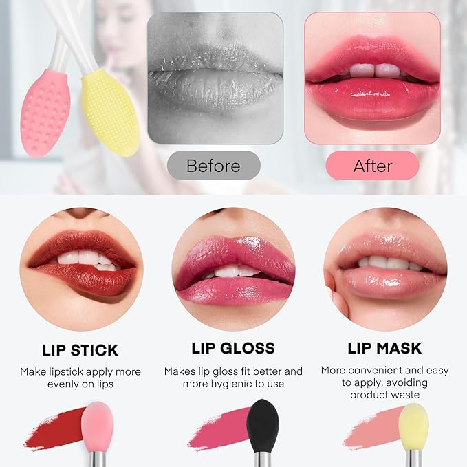 Unaone Lip Scrub Brush - 3 PCS Dual-ended Lip Scrubber Exfoliator and Silicone Lip Brush, 2-in-1 Silicone Lip Scrub Tool Lip Mask Applicator, Gentle Exfoliator & Applicator for Soft-BrightBean Baby